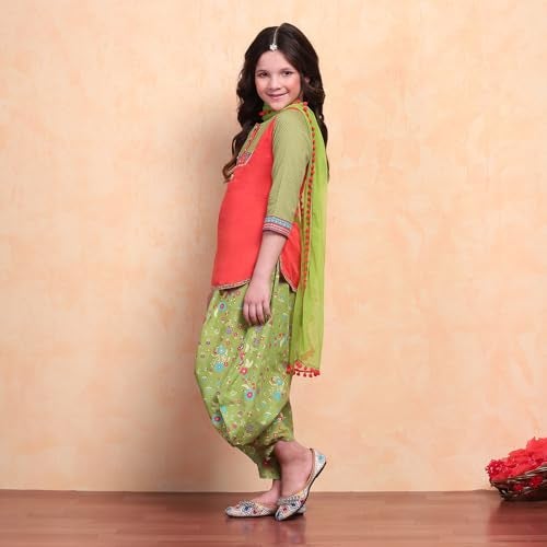 Biba Girls Org-Grn Straight Cotton Solid Kurta suit set - Image 2