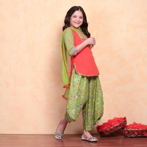 Biba Girls Org-Grn Straight Cotton Solid Kurta suit set - Image 3