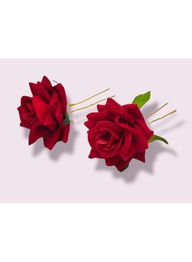 SURAKO COLLECTIONS Handmade Bride Red Rose Floral Juda Pin For Women and Girls | Elegant Red Rose U-shaped Hair Pin Wedding Hair Accessories | Pack Of 2 (Red) - Image 3