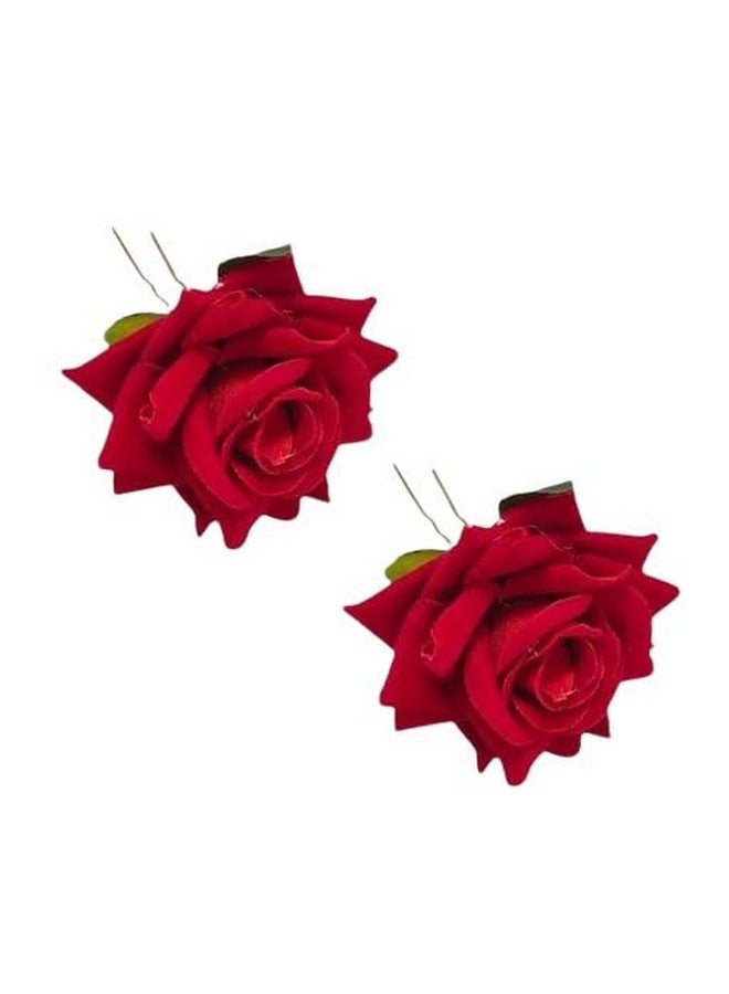 SURAKO COLLECTIONS Handmade Bride Red Rose Floral Juda Pin For Women and Girls | Elegant Red Rose U-shaped Hair Pin Wedding Hair Accessories | Pack Of 2 (Red) - Image 1