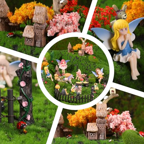 Canlierr 58 Pcs Miniature Garden Set Flower Angel Fairy House Animals Trees Diorama Supplies Fairy Village Mini Terrarium Figurines Micro Landscape Ornaments for DIY Garden Decor Succulent Dollhouse Craft - Image 4