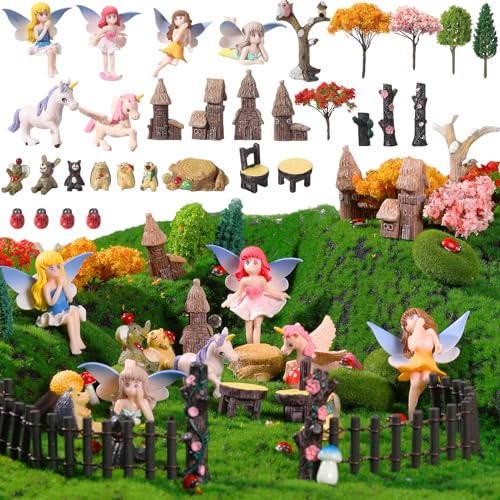 Canlierr 58 Pcs Miniature Garden Set Flower Angel Fairy House Animals Trees Diorama Supplies Fairy Village Mini Terrarium Figurines Micro Landscape Ornaments for DIY Garden Decor Succulent Dollhouse Craft - Image 1