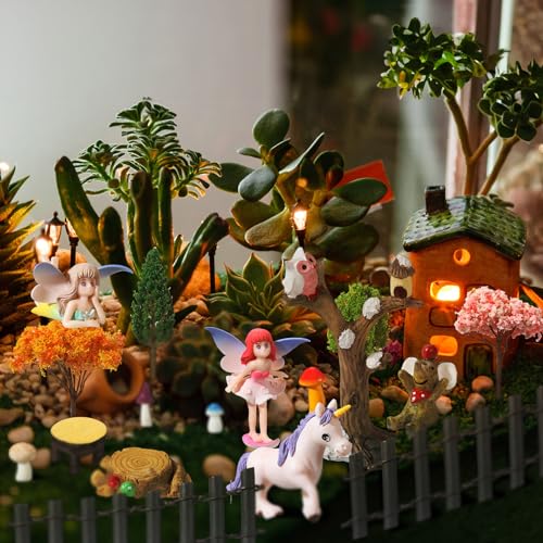 Canlierr 58 Pcs Miniature Garden Set Flower Angel Fairy House Animals Trees Diorama Supplies Fairy Village Mini Terrarium Figurines Micro Landscape Ornaments for DIY Garden Decor Succulent Dollhouse Craft - Image 5