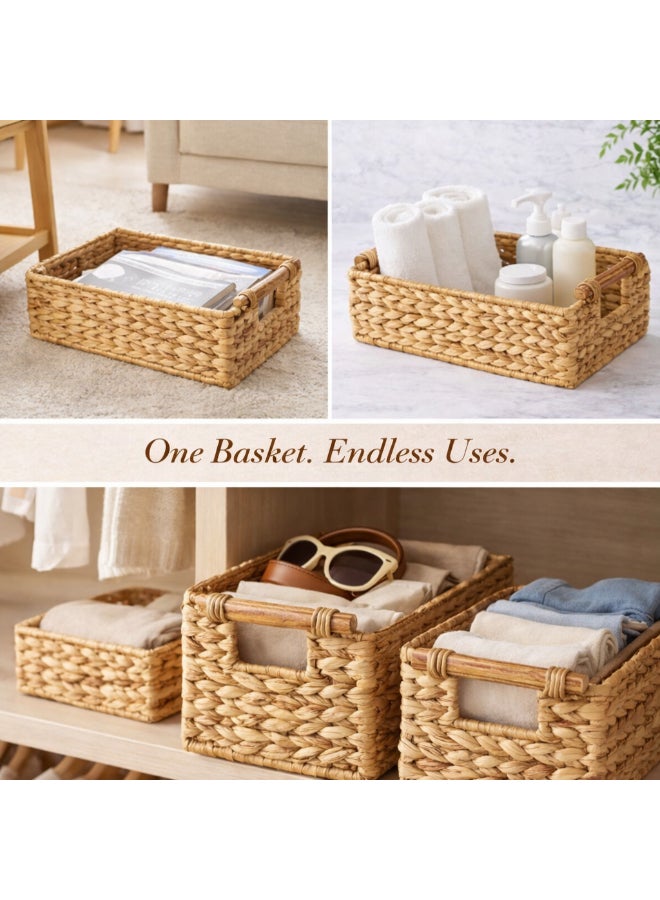 Homesmiths Hand-Woven Water Hyacinth Storage Basket with Rattan Handles – L 26 x B 17 x H 11 cm Small, Woven Organizer Bin for Living Room, Bedroom, Bathroom, Closet & Home Storage - Image 3