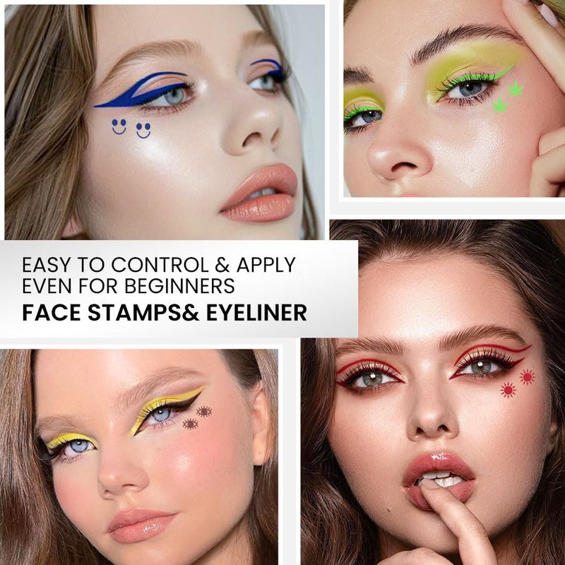 evpct 7Pcs Colored Eye Liners Face Stamp Cosplay Gothic Makeup Set Kit Accessories, Black Brown Purple Blue Red Pink Green Stamps Eyeliner, Star Flowers Heart Moon Triangle Lightning Butterfly Stamp - Image 4