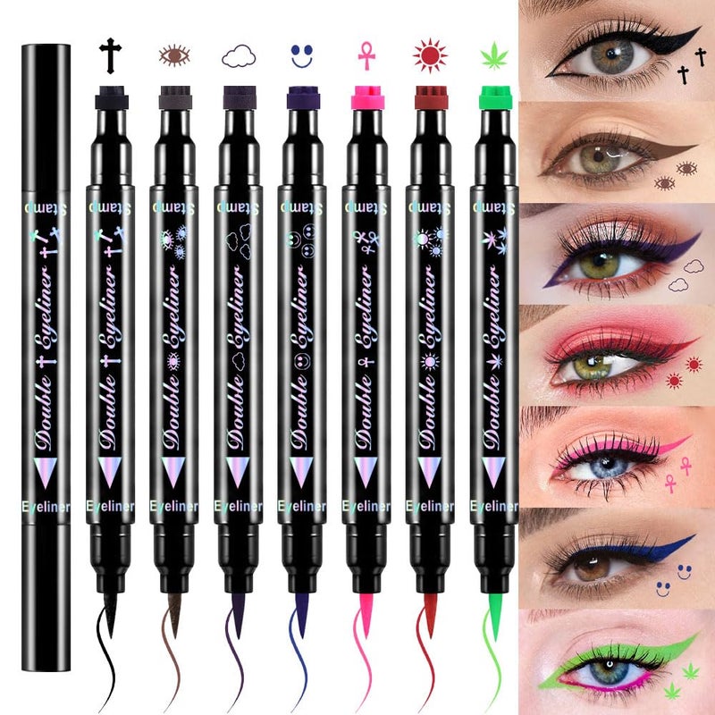evpct 7Pcs Colored Eye Liners Face Stamp Cosplay Gothic Makeup Set Kit Accessories, Black Brown Purple Blue Red Pink Green Stamps Eyeliner, Star Flowers Heart Moon Triangle Lightning Butterfly Stamp - Image 1