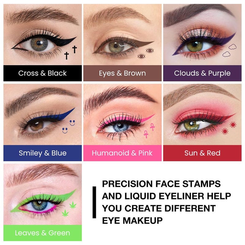 evpct 7Pcs Colored Eye Liners Face Stamp Cosplay Gothic Makeup Set Kit Accessories, Black Brown Purple Blue Red Pink Green Stamps Eyeliner, Star Flowers Heart Moon Triangle Lightning Butterfly Stamp - Image 2
