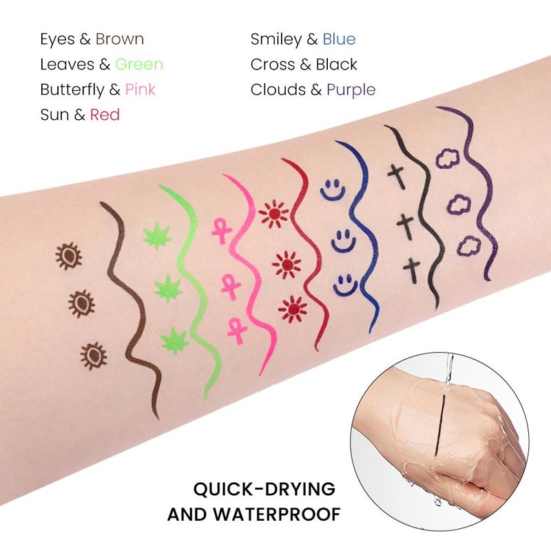 evpct 7Pcs Colored Eye Liners Face Stamp Cosplay Gothic Makeup Set Kit Accessories, Black Brown Purple Blue Red Pink Green Stamps Eyeliner, Star Flowers Heart Moon Triangle Lightning Butterfly Stamp - Image 5