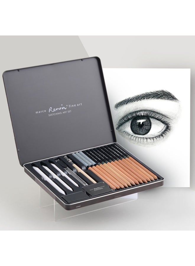 Marco Sketching Pencils And Charcoal Drawing Set, 19 Pieces, Renoir Series Professional Art 2b/4b/6b/9 Pencils Drawing Tool Kit, Metal Box Packaging 300119c Art Sketching - Image 1