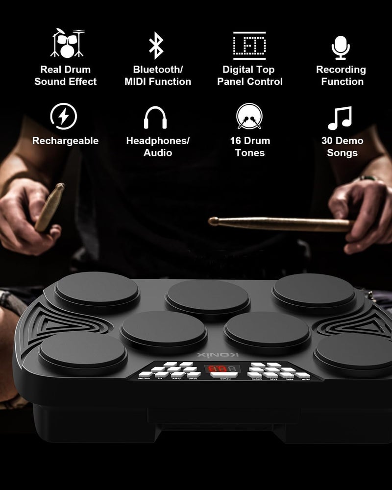 KONIX Electronic Tabletop Drum Set, Portable Electric Drum Kit with 7 Velocity Sensitivity Drum Pads, LED Drum Light, USB-MIDI Mac & PC Support, Ideal Gift for Adult and Beginners - Image 4