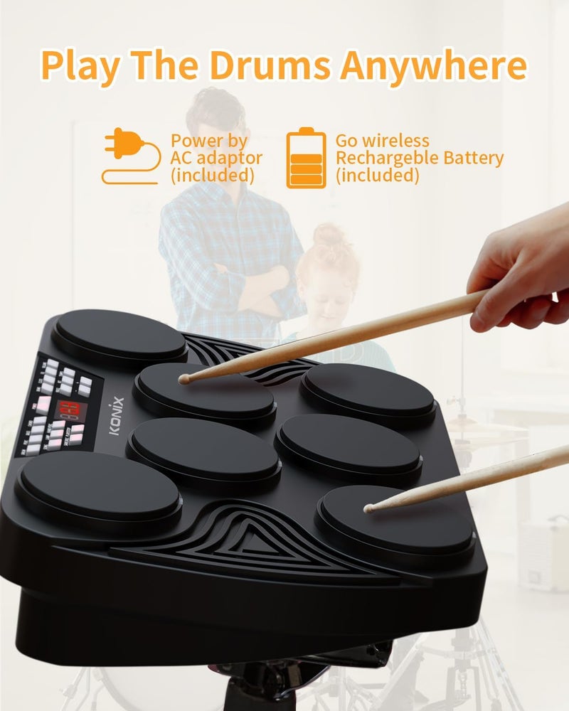 KONIX Electronic Tabletop Drum Set, Portable Electric Drum Kit with 7 Velocity Sensitivity Drum Pads, LED Drum Light, USB-MIDI Mac & PC Support, Ideal Gift for Adult and Beginners - Image 2
