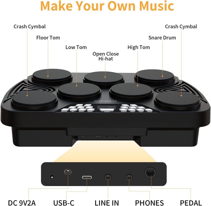 KONIX Electronic Tabletop Drum Set, Portable Electric Drum Kit with 7 Velocity Sensitivity Drum Pads, LED Drum Light, USB-MIDI Mac & PC Support, Ideal Gift for Adult and Beginners - Image 5