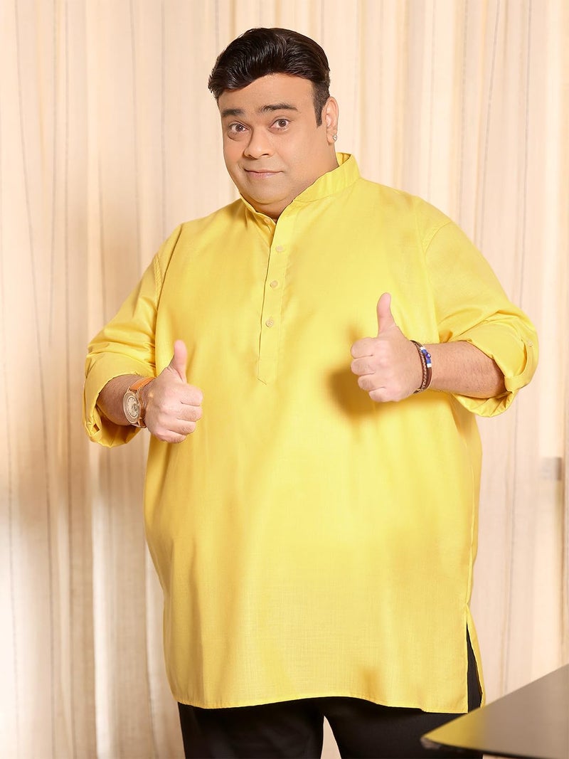 Bigbanana Plus Size Men's Regular Fit Solid Short Kurta (Pollan-Yellow,Yellow,3XL) - Image 2