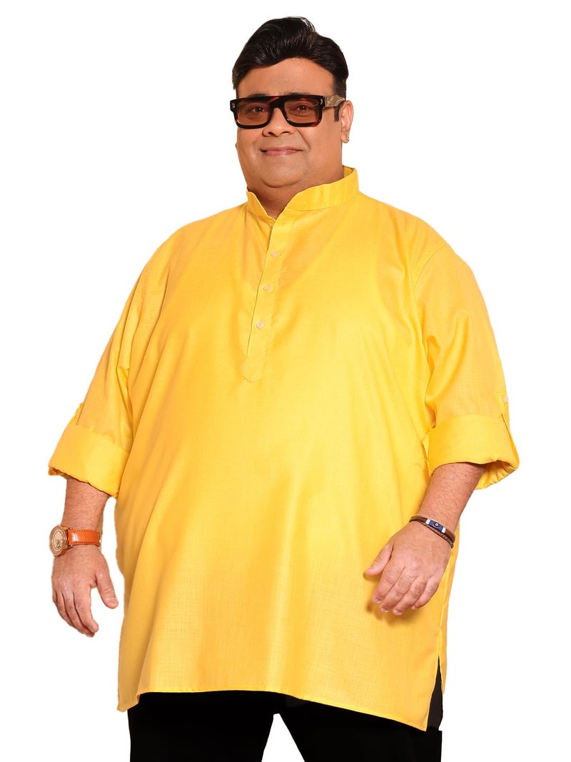 Bigbanana Plus Size Men's Regular Fit Solid Short Kurta (Pollan-Yellow,Yellow,3XL) - Image 1