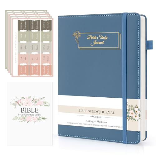AKONEGE Bible Study Journal - Prayer Journal for Men & Women, A5 Hardcover Church Notebook for Sermon, Scripture & Devotional Notes, Guided Bible Study Notebook for Note Taking, 5.8" x 8.3", Blue - Image 1