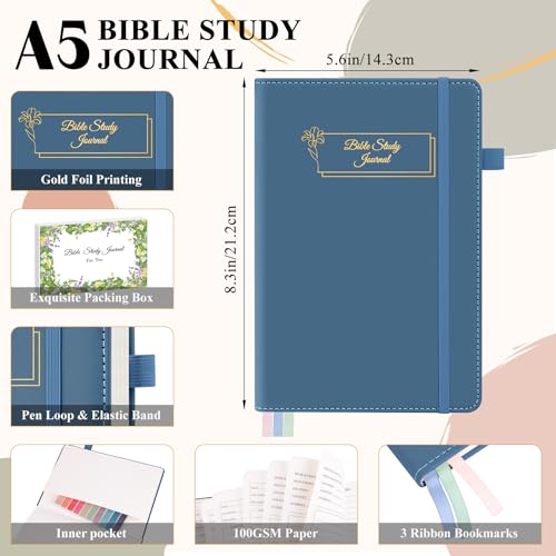 AKONEGE Bible Study Journal - Prayer Journal for Men & Women, A5 Hardcover Church Notebook for Sermon, Scripture & Devotional Notes, Guided Bible Study Notebook for Note Taking, 5.8" x 8.3", Blue - Image 2
