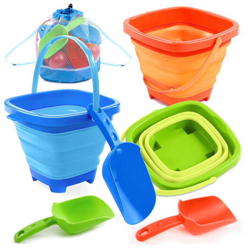 Sloosh 3Pack Collapsible Sand Toys Square Foldable Pail Silicone Beach Water Bucket with 3 Shovels for Sandbox Play Party in Summer Portable Toddler Kids Toys Beach Travel OrangeBlueGreen - Image 3