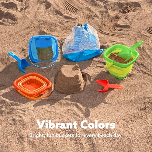 Sloosh 3Pack Collapsible Sand Toys Square Foldable Pail Silicone Beach Water Bucket with 3 Shovels for Sandbox Play Party in Summer Portable Toddler Kids Toys Beach Travel OrangeBlueGreen - Image 5