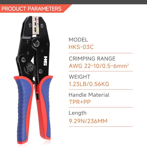 HKS Crimping Tool For Insulated Electrical Connectors - Ratcheting Wire Crimpers - AWG 22-10 (0.5-6.0mm²) - Ratchet Terminal Crimper - Electrical Crimping Tool - Image 2