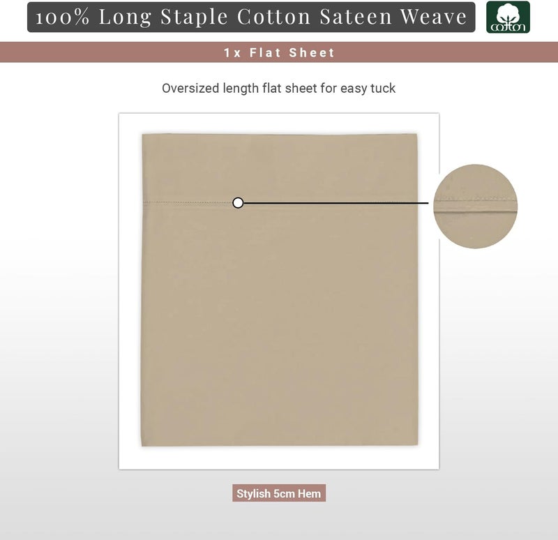 PIZUNA 100% Cotton Flat Bed Sheet Queen Size 275x280 cm Simply Taupe 1 PC, 400 Thread Count Luxurious Long Staple Cotton Sateen Weave Bed Sheet Simply Taupe (ملاءة سرير مسطحة من القطن 100%) - Image 3