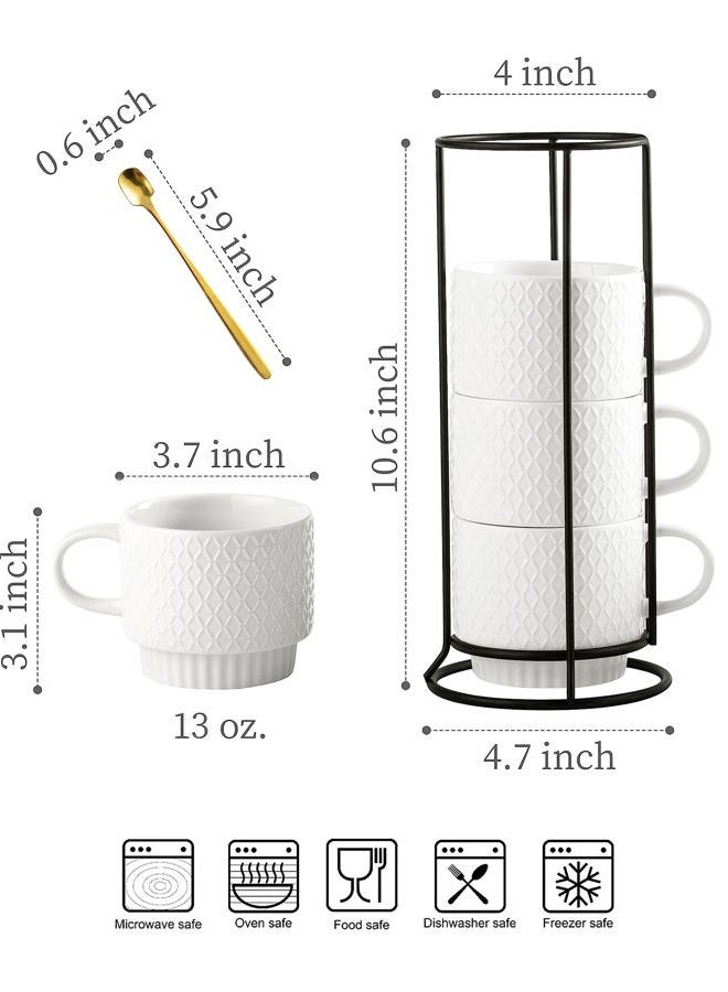 LYEOBOH Stackable Coffee Mugs with Rack, 13 oz Ceramic Coffee Mug Set of 4 with Stand, Latte Cup with Spoon, Cappuccino Cups for Hot Cocoa, Milk, White - Image 2
