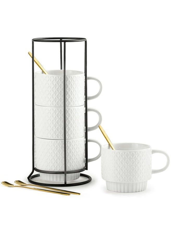 LYEOBOH Stackable Coffee Mugs with Rack, 13 oz Ceramic Coffee Mug Set of 4 with Stand, Latte Cup with Spoon, Cappuccino Cups for Hot Cocoa, Milk, White - Image 1