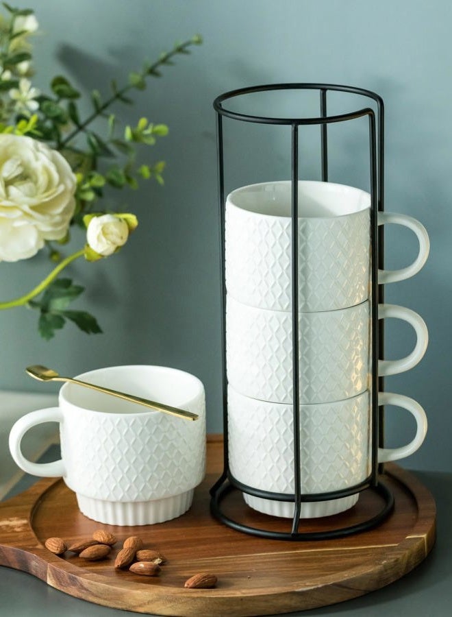 LYEOBOH Stackable Coffee Mugs with Rack, 13 oz Ceramic Coffee Mug Set of 4 with Stand, Latte Cup with Spoon, Cappuccino Cups for Hot Cocoa, Milk, White - Image 3