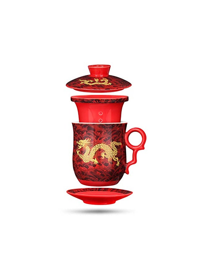 YURROAD YURROAD Chinese Dragon Pattern Tea-Mug with Strainer Infuser and Lid and Saucer Ceramic Tea Mug Convenient System Chinese Porcelain Personal Tea Cup 13.5 oz(380ml) - RED, TC400  - Image 1