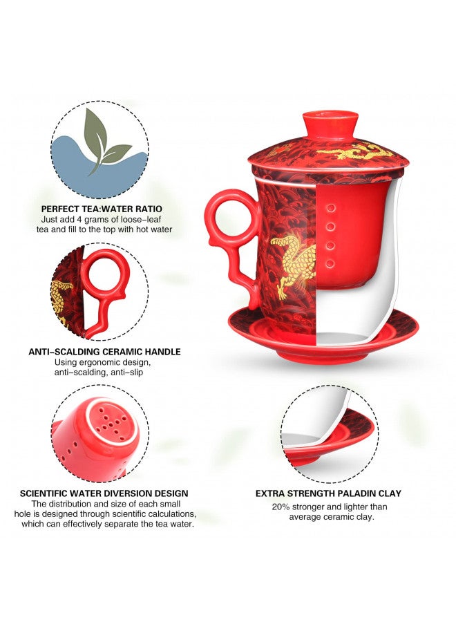 YURROAD YURROAD Chinese Dragon Pattern Tea-Mug with Strainer Infuser and Lid and Saucer Ceramic Tea Mug Convenient System Chinese Porcelain Personal Tea Cup 13.5 oz(380ml) - RED, TC400  - Image 5