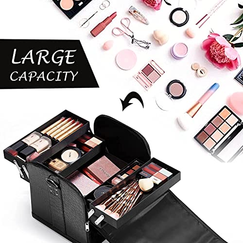 SG-Mart Pu Leather Cosmetic Bag Makeup Case Professional Waterproof Vanity Large Travel Storage Organizer With 4 Trays For Travel/Home Salon/Gift For Wife/Girlfriends/Friends (Black, 1-Pcs) - Image 2