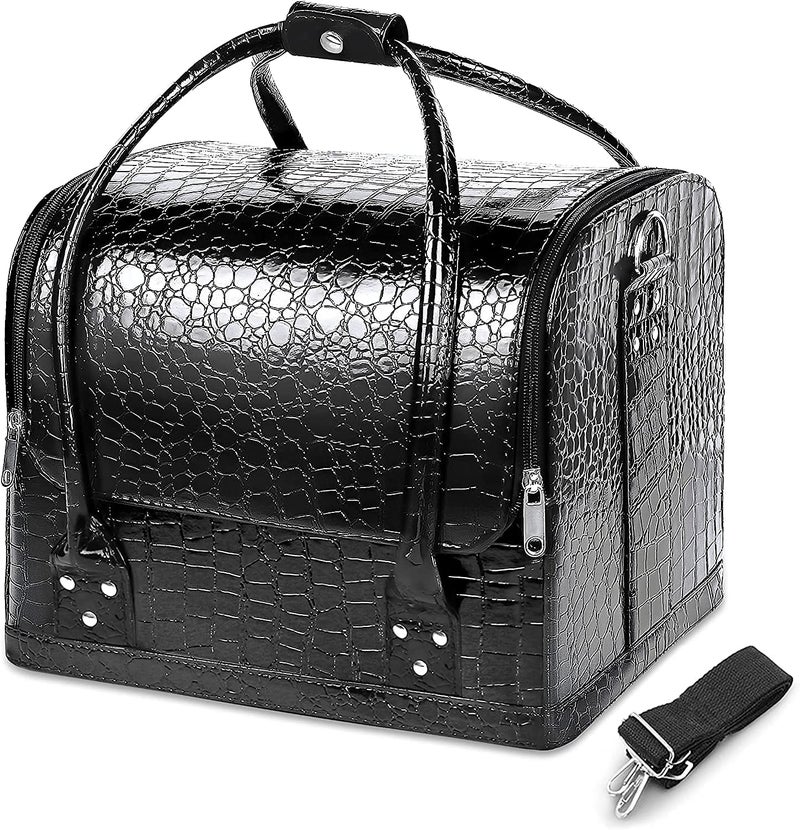 SG-Mart Pu Leather Cosmetic Bag Makeup Case Professional Waterproof Vanity Large Travel Storage Organizer With 4 Trays For Travel/Home Salon/Gift For Wife/Girlfriends/Friends (Black, 1-Pcs) - Image 1
