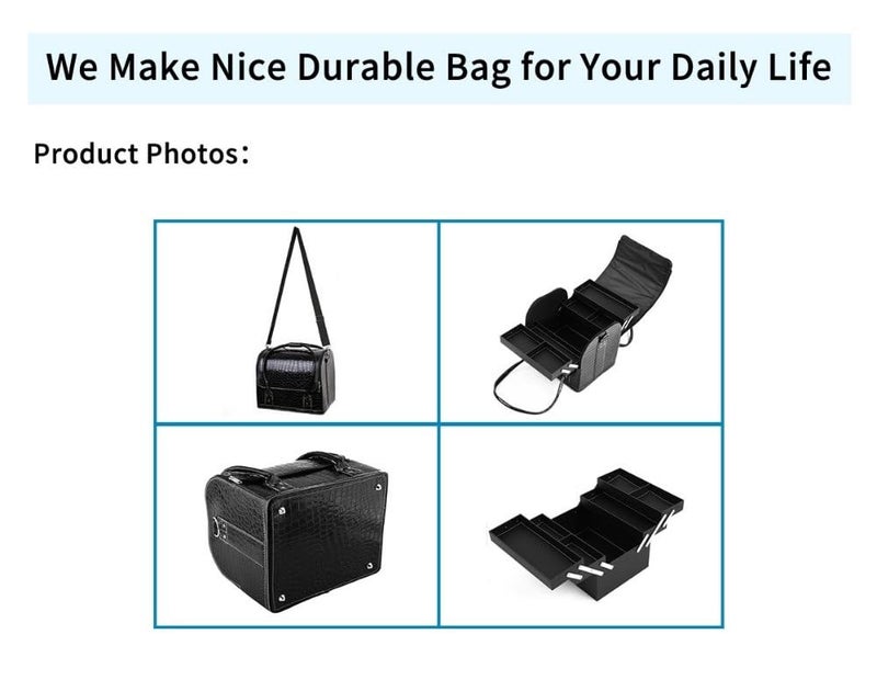 SG-Mart Pu Leather Cosmetic Bag Makeup Case Professional Waterproof Vanity Large Travel Storage Organizer With 4 Trays For Travel/Home Salon/Gift For Wife/Girlfriends/Friends (Black, 1-Pcs) - Image 3