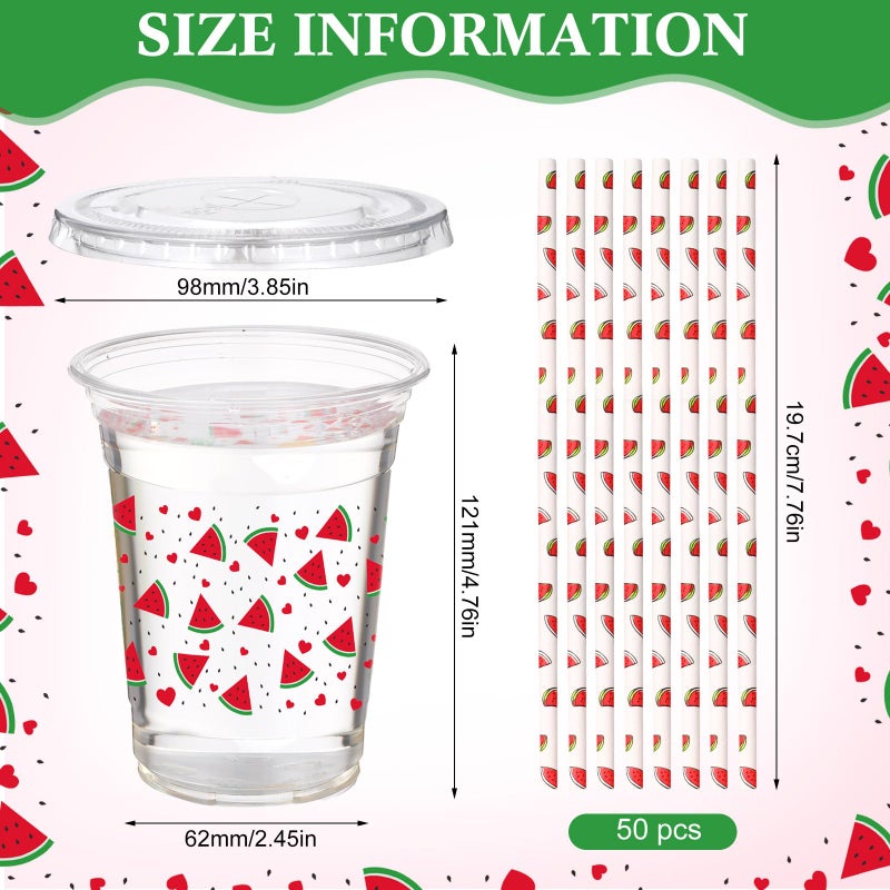Funnymoom 50 Sets Watermelon Disposable Plastic Cups Bulk with Lids and Straws 16 oz Watermelon Clear Plastic Cups Red Fruit Cold Beverage Drinking Container for Baby Shower Birthday Party Supplies - Image 1