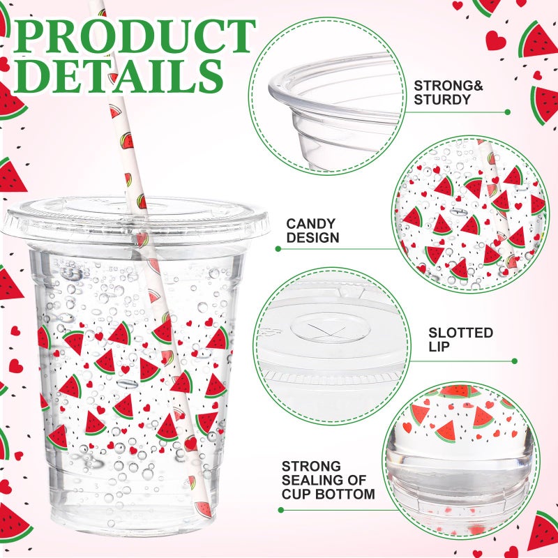 Funnymoom 50 Sets Watermelon Disposable Plastic Cups Bulk with Lids and Straws 16 oz Watermelon Clear Plastic Cups Red Fruit Cold Beverage Drinking Container for Baby Shower Birthday Party Supplies - Image 2