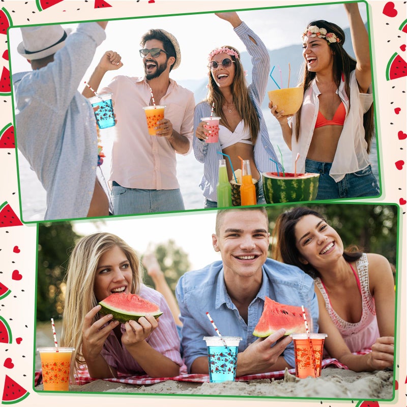 Funnymoom 50 Sets Watermelon Disposable Plastic Cups Bulk with Lids and Straws 16 oz Watermelon Clear Plastic Cups Red Fruit Cold Beverage Drinking Container for Baby Shower Birthday Party Supplies - Image 4