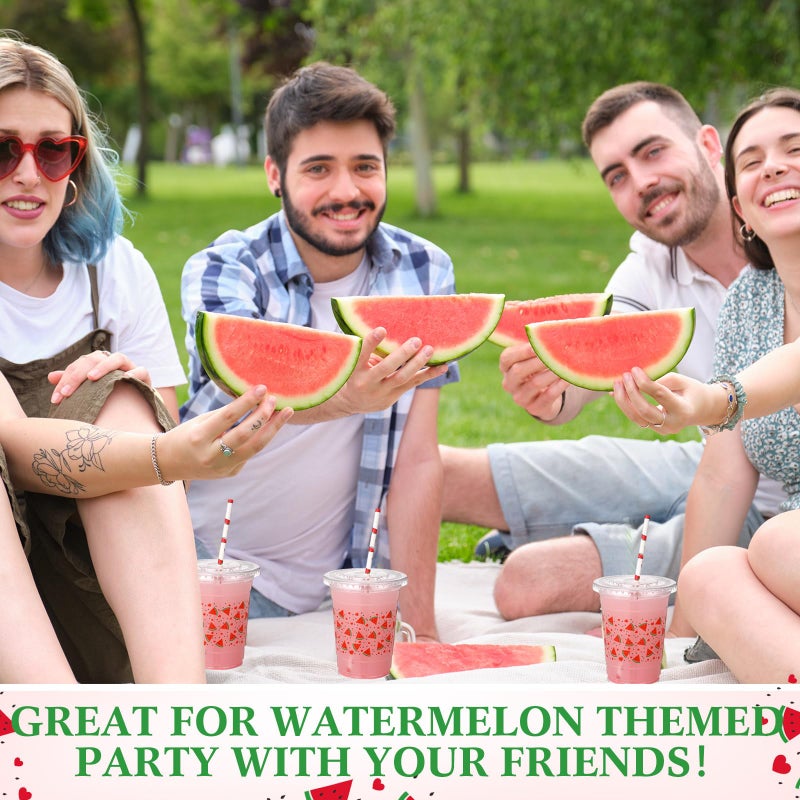 Funnymoom 50 Sets Watermelon Disposable Plastic Cups Bulk with Lids and Straws 16 oz Watermelon Clear Plastic Cups Red Fruit Cold Beverage Drinking Container for Baby Shower Birthday Party Supplies - Image 3