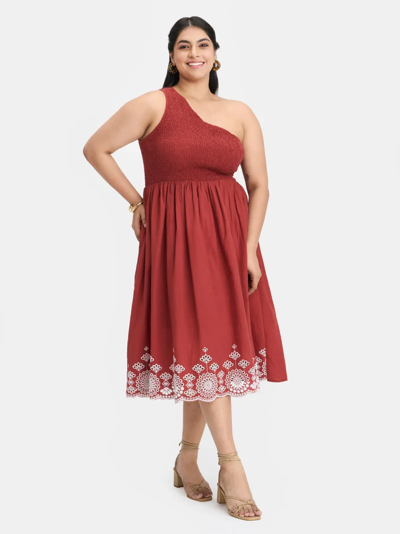 Virgio Embroidered Cotton Embroidered One-Shoulder Plus Size Dress for Women