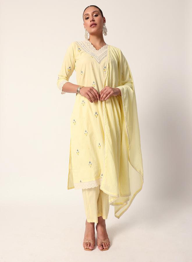 ISHIN Women's Yellow Cotton Textured Tunic Full Palazzo Regular Fit Kurta Set  - Image 5