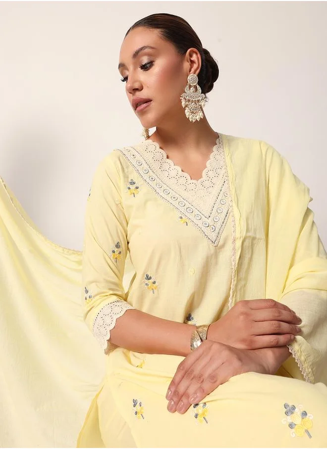 آي شين Women's Yellow Cotton Textured Tunic Full Palazzo Regular Fit Kurta Set