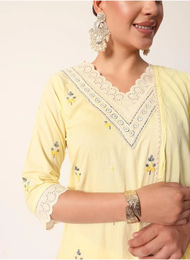 آي شين Women's Yellow Cotton Textured Tunic Full Palazzo Regular Fit Kurta Set