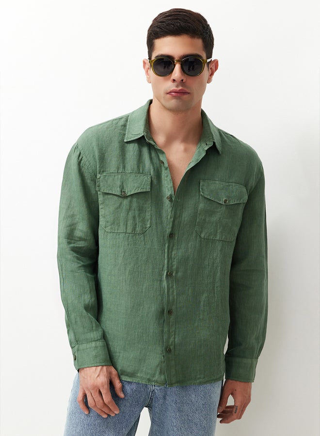 trendyol Dark Green Limited Edition 100% Linen Regular Fit Shirt TMNSS24GO00060 - Image 1