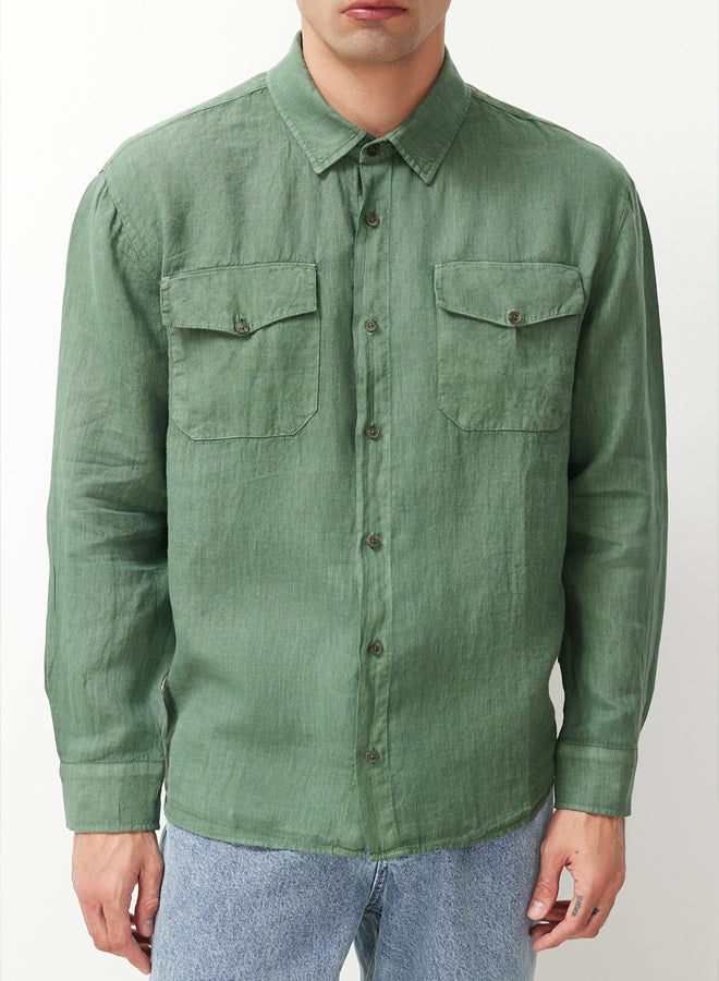 trendyol Dark Green Limited Edition 100% Linen Regular Fit Shirt TMNSS24GO00060 - Image 4