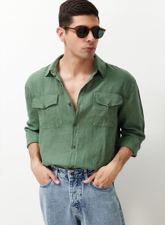 trendyol Dark Green Limited Edition 100% Linen Regular Fit Shirt TMNSS24GO00060 - Image 3