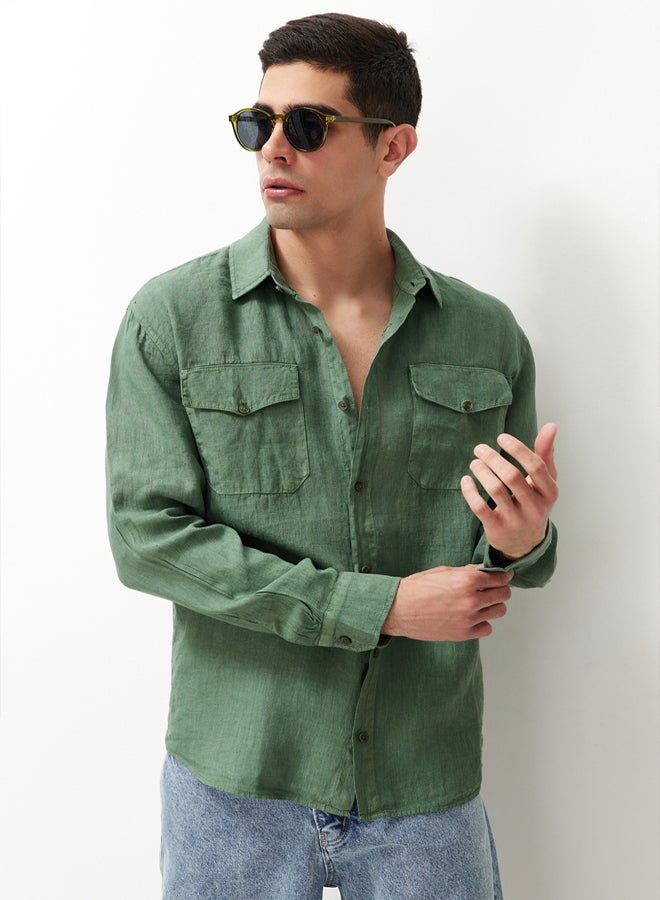 trendyol Dark Green Limited Edition 100% Linen Regular Fit Shirt TMNSS24GO00060 - Image 2