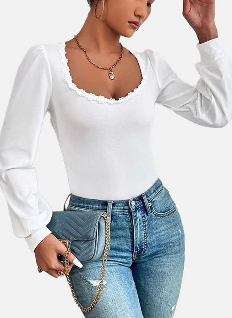 يونيكي White Solid Slim Fit Long Sleeve Top