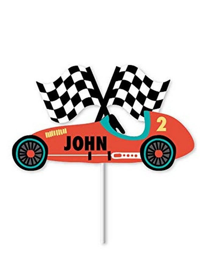 Merrilulu - Vintage Race Car Custom Name Cake Topper ; Race Car Birthday Party Decorations ; Race Car Cupcake Topper ; Personalized Name Cake Topper ; Race Car Themed Party - Image 1