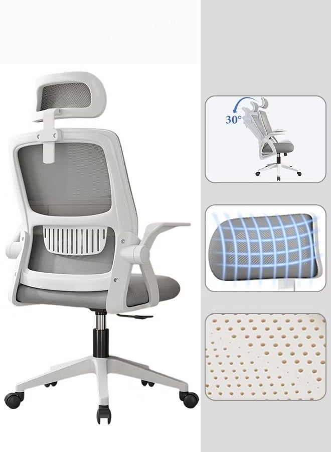 Ergonomic Office Chair, Home Mesh Office Desk Chairs with Wheels, Comfortable Gaming Chair, Support Headrest Flip-up Arms, Adjustable Lumbar Support, Rocking Swivel Grey