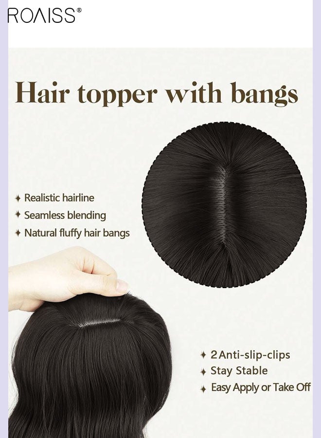 roaiss Fluffy Wavy Hair Topper with Bangs for Women, Clip in Wig for Women with Thinning Hair Hair Loss Cover Gray Hair, Black, 31cm (12 inches) - Image 2