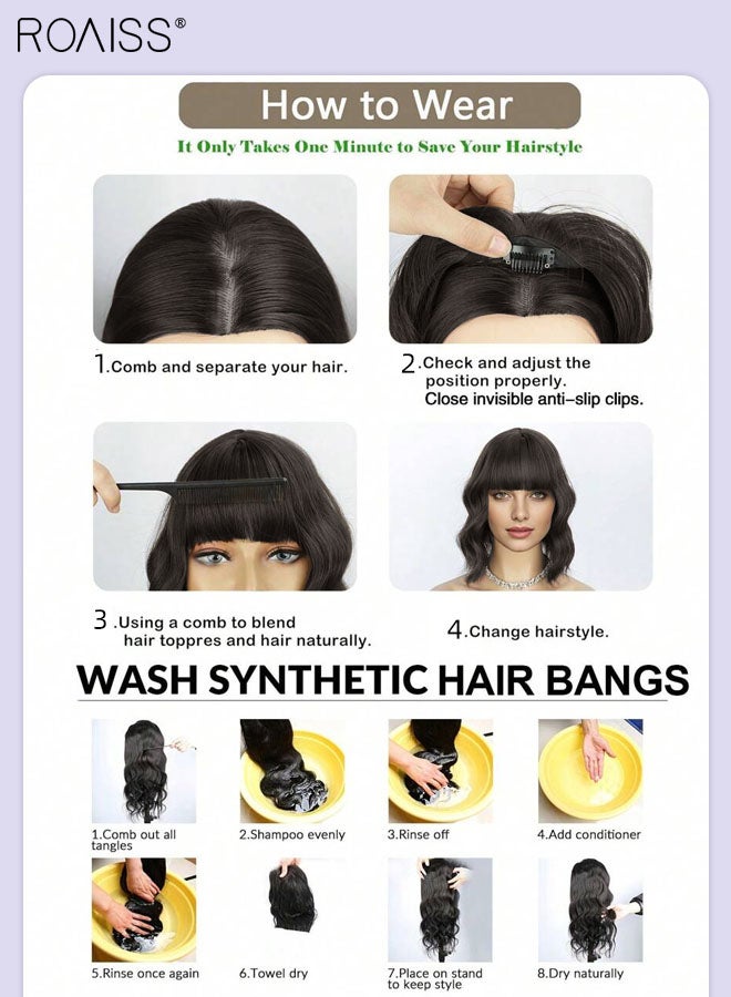 roaiss Fluffy Wavy Hair Topper with Bangs for Women, Clip in Wig for Women with Thinning Hair Hair Loss Cover Gray Hair, Black, 31cm (12 inches) - Image 5