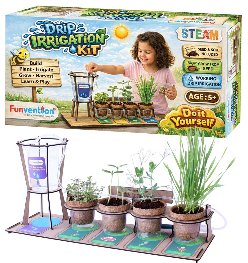 Funvention DIY Garden Drip Irrigation Kit for Kids | STEM Learning Botanical Activity Set | Grow Real Plants with Drip System | Eco-Friendly Science Experiment Kit with Seeds & Soil | Age 5+ - Image 1